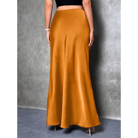 Women Orange Maxi Dressy Casual Zipped High Waisted Silk Elegant Long Skirt - Picture 6 of 7